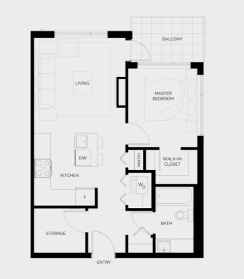 Floor plan for 1 bed, 1 bath, 626 sqft
